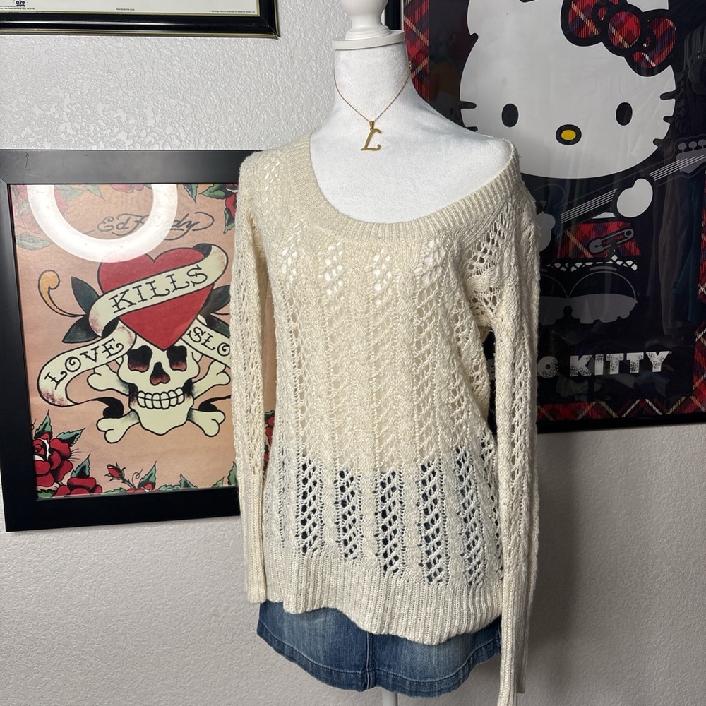 Y2K Cream Gold Shimmer Open Knit Sweater Coquette Cottagecore Vintage Fall